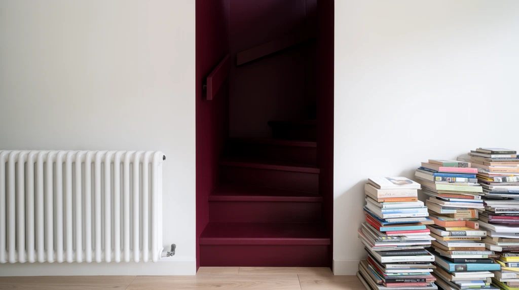 deep burgundy enclosed staircase ascending into shadow, framed by stark white walls, monochromatic dark red painted stairs and angled handrail, white tubular radiator to the left, disorganized stacks of colorful books to the right, light wood floor, modern interior photography, high contrast color blocking, soft natural light, straight-on framing