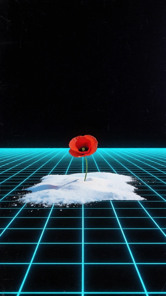1980s retro-futurist computer graphic aesthetic, infinite pitch black void, electric cyan glowing wireframe grid receding toward a distant horizon with extreme linear perspective, a single hyper-realistic red poppy emerging from a small rectangular island of textured powdery white snow, the snow patch appears as a sharp physical cut-out within the digital void, high-contrast lighting, crisp aliased edges, vintage 80s analog print grain, minimalist surrealism, glowing neon luminance.