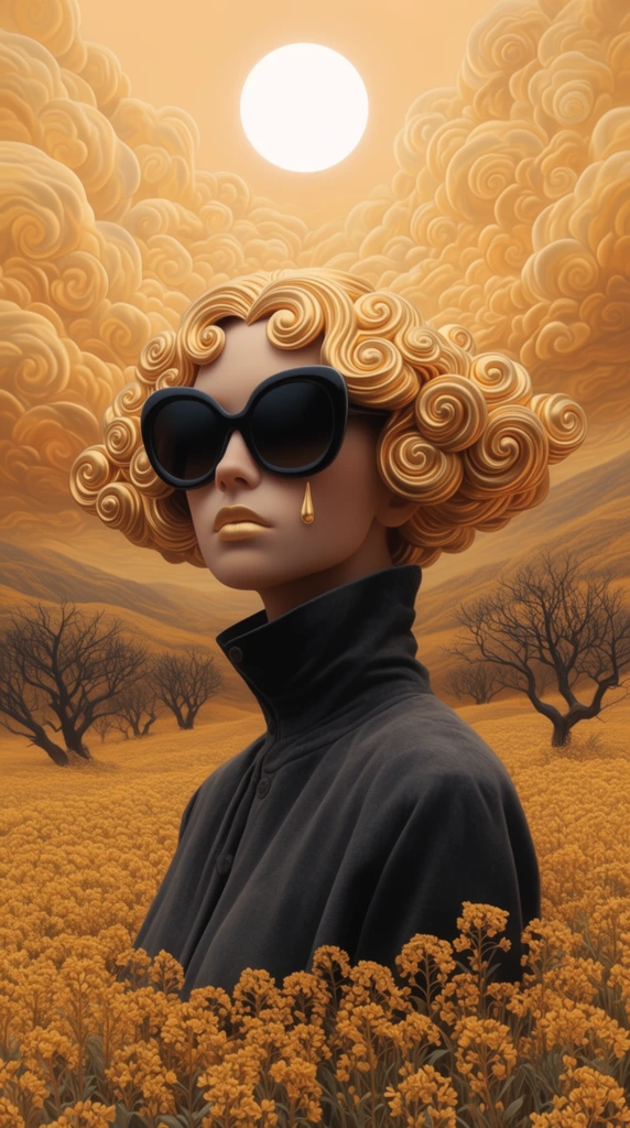 Surreal portrait of a woman, stylized golden swirling curly hair mimicking clouds, oversized black sunglasses, single golden teardrop, dark grey high-collared jacket, dense field of yellow flora, scattered dark bare trees, rolling golden hills, massive swirling golden clouds in sky, bright white sun disc, amber and charcoal palette, smooth 3D render, striking surrealism