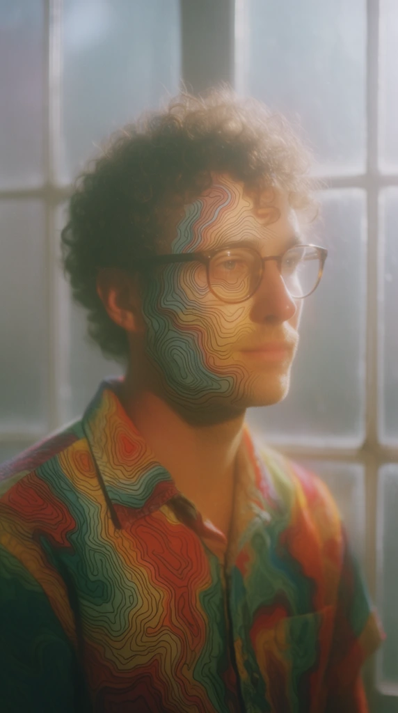 A man with curly hair and glasses features distinct topographical lines overlaid across the right side of his face and shirt, positioned before a multi-paned window. The portrait is captured in a high-fashion editorial photography style, defined by a hazy, ethereal atmosphere and medium format analog film characteristics. Soft, diffused lighting creates a prominent, glowing bloom effect, casting a warm, nostalgic sheen over a rich, highly saturated color palette. Fine film grain, matte textures, and a soft-focus lens treatment elevate the carefully staged composition, merging the photorealistic human subject with the graphic topographical elements. The multi-paned window in the background exhibits a shallow depth of field, dissolving into the luminous, heavily stylized, atmospheric environment.