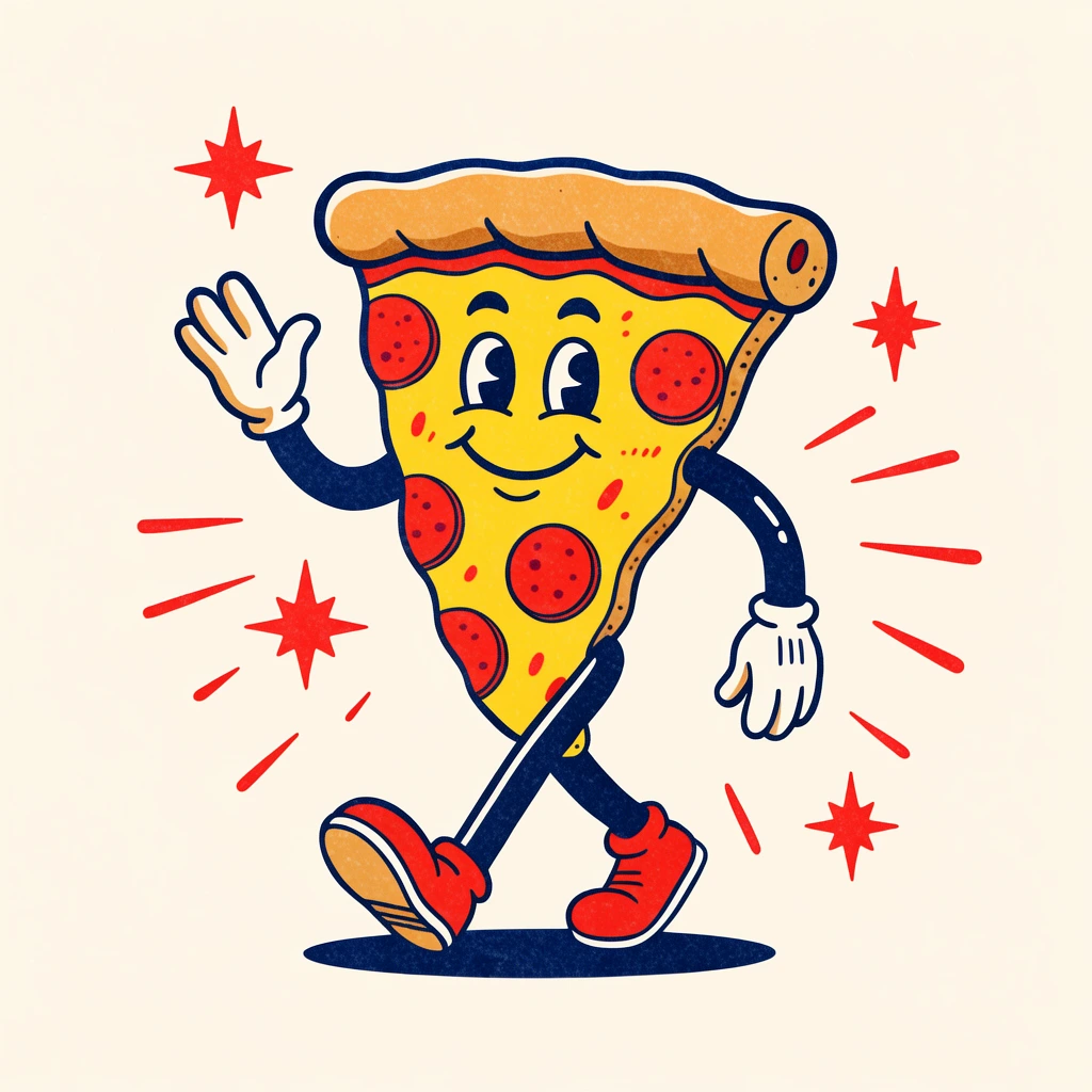 retro cartoon of an anthropomorphic walking pepperoni pizza slice waving, dark blue rubber hose limbs and crust, vintage smiling face, red retro starbursts, radiating action lines, cream background, grainy screen-print aesthetic
