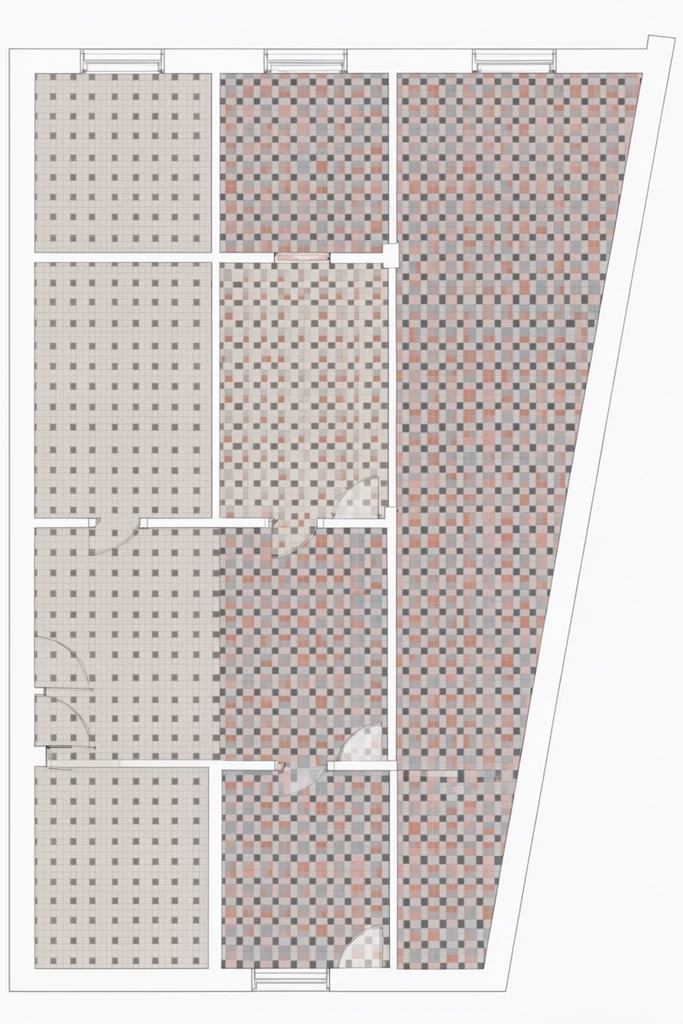 A top-down, two-dimensional architectural floor plan illustrates intricate geometric tile patterns across interconnected rooms against a stark white background. The layout displays distinct spatial zones defined by varying tile densities and palettes. On the left, rectangular rooms feature a sparse, grid-like arrangement of small dark grey squares over a light beige field. Moving right, the spaces transition into a denser checkerboard pattern incorporating muted terracotta pink, pale grey, and dark charcoal tiles. The rightmost section concludes with a sharply angled outer boundary forming a diagonal edge. Rendered with the clinical precision of an architectural draft, crisp outlines delineate structural walls, doorways, and the repetitive geometry of the flat floor treatments.