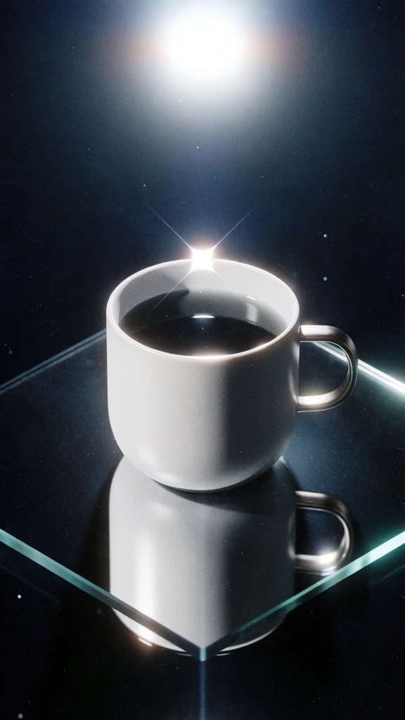 centered minimalist ceramic mug filled with dark liquid on a transparent glass plane, symmetrical vertical reflection, lo-fi celestial aesthetic, deep navy and pitch black palette, radiant white bloom with heavy halation, high-contrast dramatic lighting, thick cinematic film grain, dust and scratch textures, subtle paper crease overlays, luminous four-point starburst flare, ethereal glow, mixed typography featuring wide sans-serif and ornate script floating in dark negative space.