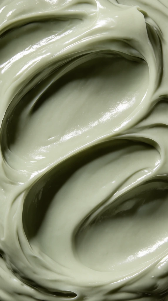 A macro photograph of a thick, pale sage-green creamy substance filling the frame. The smooth, glossy texture features sweeping, sculpted ridges and deep valleys formed by a smearing motion. Strong directional lighting creates bright specular highlights along the curved peaks and casts deep contrasting shadows in the crevices. The tight close-up emphasizes the rich, velvety three-dimensional volume of the monochromatic paste.