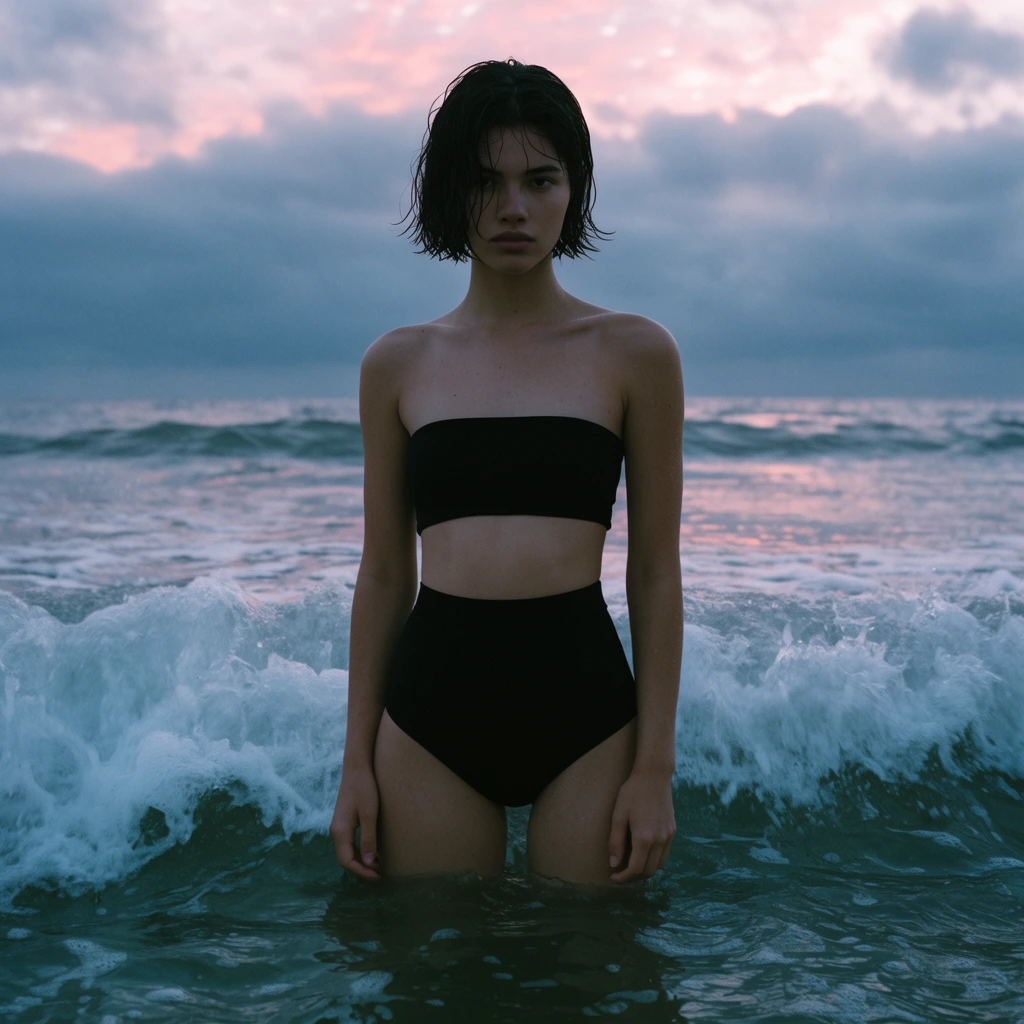 young woman standing waist-deep in ocean water, short wet dark hair, direct gaze, black bandeau top, high-waisted black swimsuit bottoms, wave crashing directly behind waist, white sea foam, overcast twilight sky, subtle pink sunset hues reflecting on clouds and water, moody cinematic lighting, cool color palette, centered portrait, fashion photography