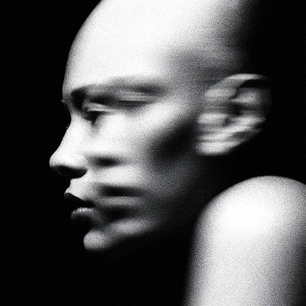 A high-contrast, black-and-white profile portrait of a person facing left, heavily distorted by extreme film grain and motion blur. A ghostly double-exposure effect stretches the face backward, revealing a blurry secondary visage and ear on the right. Blown-out highlights illuminate the bald head and a bare shoulder in the lower right, contrasting sharply against a pitch-black background.