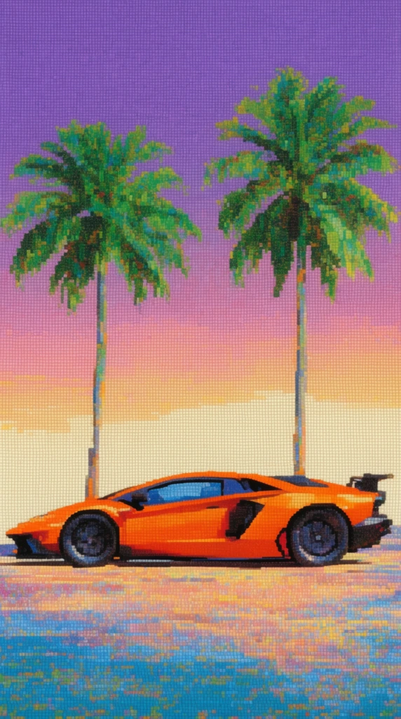 vibrant orange angular sports car in side profile, parked before two tall green palm trees, sunset gradient sky transitioning from purple to pale yellow, rendered in a distinct bead art mosaic style, grid-like texture of small colorful squares, sleek aerodynamic vehicle design, large dark wheels, rear spoiler, pop art aesthetic, bright saturated colors, retro digital art vibe
