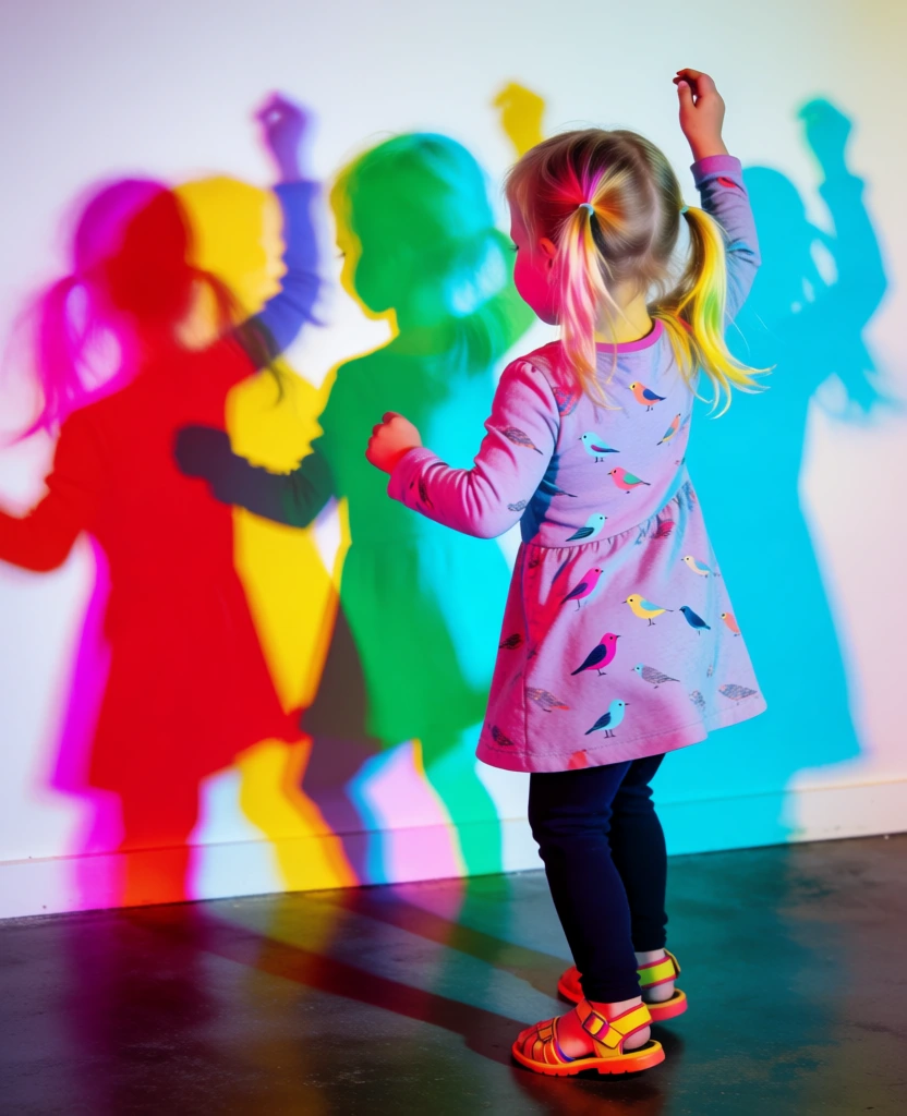 A young girl with blonde hair styled in two pigtails dances in front of a white wall, casting five vibrant, overlapping colored shadows. She is positioned with her back to the camera, her right arm raised high and her left arm bent at the elbow. She wears a long-sleeved light purple dress patterned with small bird motifs in pink, blue, and grey, paired with dark leggings and bright orange-and-yellow sandals. The lighting setup creates a spectrum of silhouettes on the wall that mimic her posture; from left to right, the shadows appear in distinct shades of magenta, red, yellow, green, and cyan. Where the shadows overlap, the colors blend into deeper tones. Her blonde hair is tinted with streaks of pink and yellow light from the unseen sources. The girl stands on a dark, polished floor that subtly reflects the colorful lights and the base of the wall. The image is a medium shot taken from a slightly elevated side-rear perspective, emphasizing the interaction between the child and the artistic light display in a minimalist indoor setting.