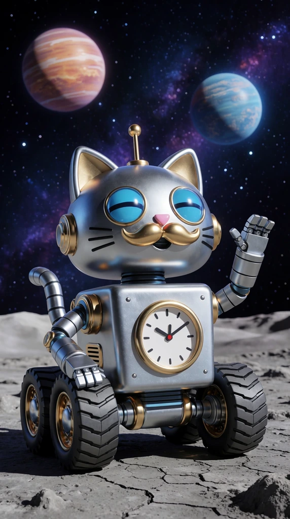 A 3D-rendered metallic robotic cat vehicle on a cracked lunar surface against a starry backdrop. The silver robot features domed blue eyes, a gold mustache, and a square torso with a round analog clock face. It rides on large treaded tires, raising one segmented arm to wave. Two textured planets float in the cosmic sky above.