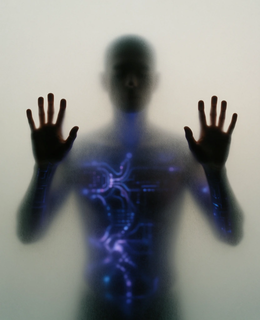 A dark human silhouette with glowing blue internal patterns presses its hands against a frosted, translucent surface in a minimalist composition. The figure is centered, with its palms and splayed fingers flat against the grainy, semi-transparent barrier, creating a sense of shallow depth. The head is a blurred, featureless oval, and the torso displays intricate, luminescent patterns of indigo and violet light concentrated in the chest and abdominal regions, resembling neural pathways or digital circuitry. A hazy, off-white environment surrounds the figure, blending into a uniform, desaturated background that obscures any environmental details. The lighting is diffused and even, coming from behind the subject to create a backlit silhouette effect while highlighting the internal glow. The overall color palette is dominated by muted grays and charcoal tones, punctuated by the vibrant blue light. The texture of the image is coarse and grainy, softening the edges of the form and the light against the pale backdrop.