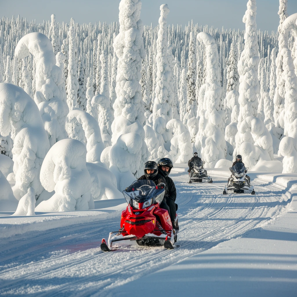 A group of snowmobilers rides along a grooved trail through a surreal winter landscape defined by towering trees completely encased in thick, sculpted white snow. The leading snowmobile, painted a vibrant glossy red, carries two riders in heavy dark winter gear and helmets. They are followed by two other snowmobiles on the wide, track-marked path. The surrounding forest features bulbous, organic snow formations bending the trees into heavy, unusual shapes. The background stretches into a dense expanse of white-frosted evergreens under a pale blue sky. Bright sunlight illuminates the scene, casting long blue shadows across the textured ground and highlighting the contrast between the pristine snow and the vivid red machinery. Shot with telephoto compression to emphasize the dense, otherworldly forest.