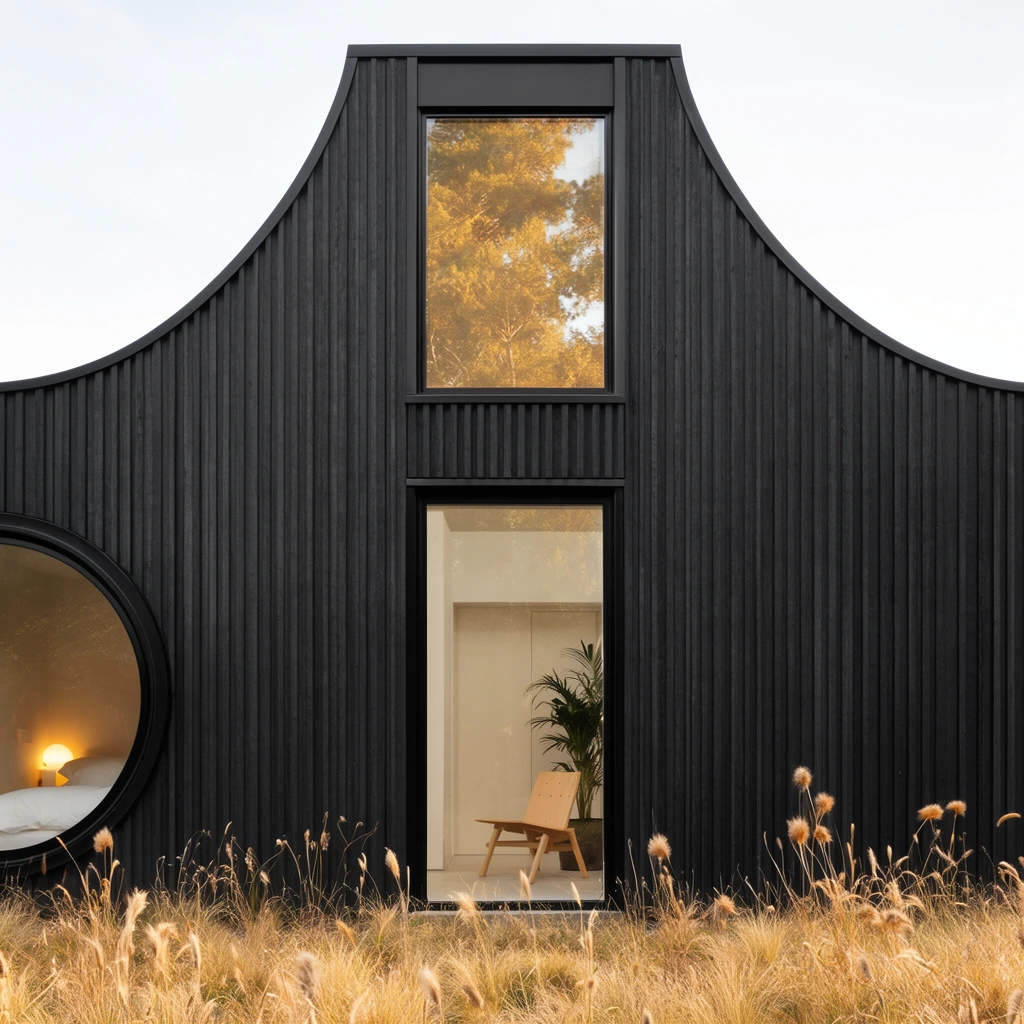 modern black building facade, straight-on architectural elevation, dark charcoal ribbed exterior cladding, central tall rectangular glass doorway revealing a minimalist interior with wooden chair and potted plant, upper rectangular window reflecting golden trees, large circular window on the left showing a bed and warm lamp, curved flared roofline, foreground of dry golden meadow grass and feathery seed heads, bright overcast sky, photorealistic architectural photography, crisp geometric lines, soft natural daylight, high contrast