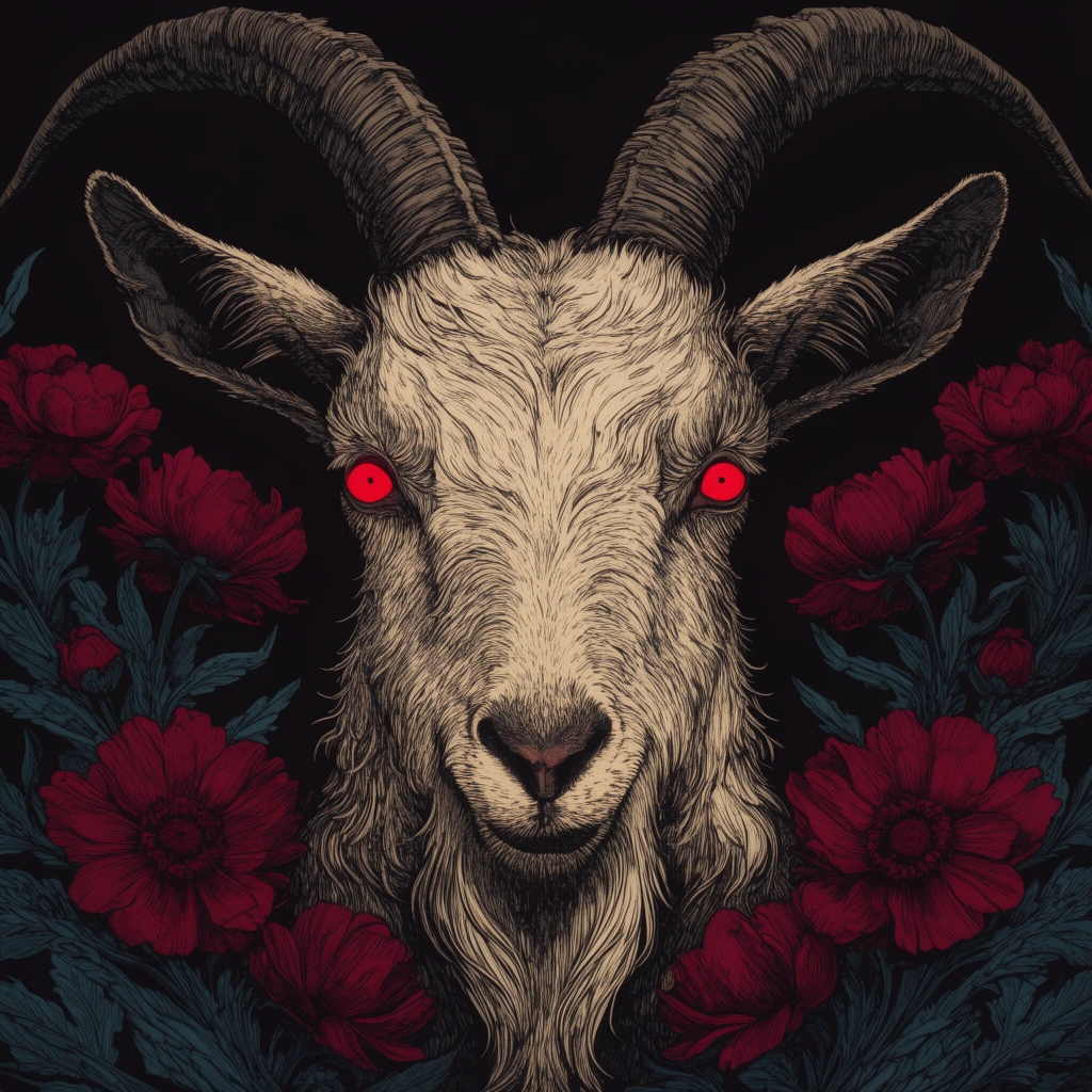 symmetrical goat head with glowing red eyes and ribbed horns, textured cream fur, framed by deep red flowers and dark teal stems, intricate woodcut engraving style, gothic macabre aesthetic, black background