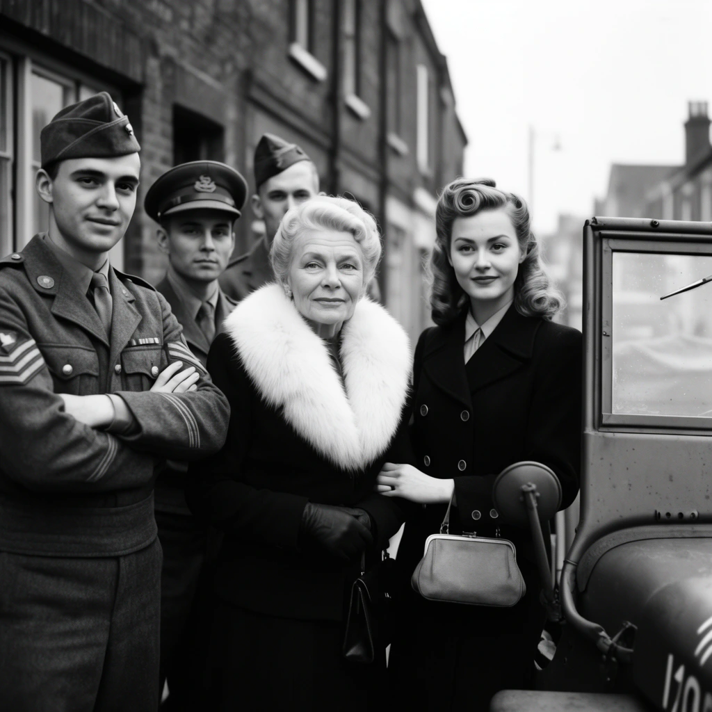 A black and white photograph features five people in mid-twentieth-century attire standing on a street next to a vintage military vehicle. In the center, an older blonde woman wears a dark jacket with a thick white fur collar and dark gloves. Beside her, a younger woman in a dark double-breasted coat sports vintage rolled hair and holds a small handbag. To the left, two men wear military uniforms; the nearest has crossed arms, a garrison cap, and striped sleeves, while the other wears a peaked cap. The right edge is framed by the folded windshield of a utility vehicle. Soft natural lighting highlights the sharply focused subjects against blurred background brick buildings.