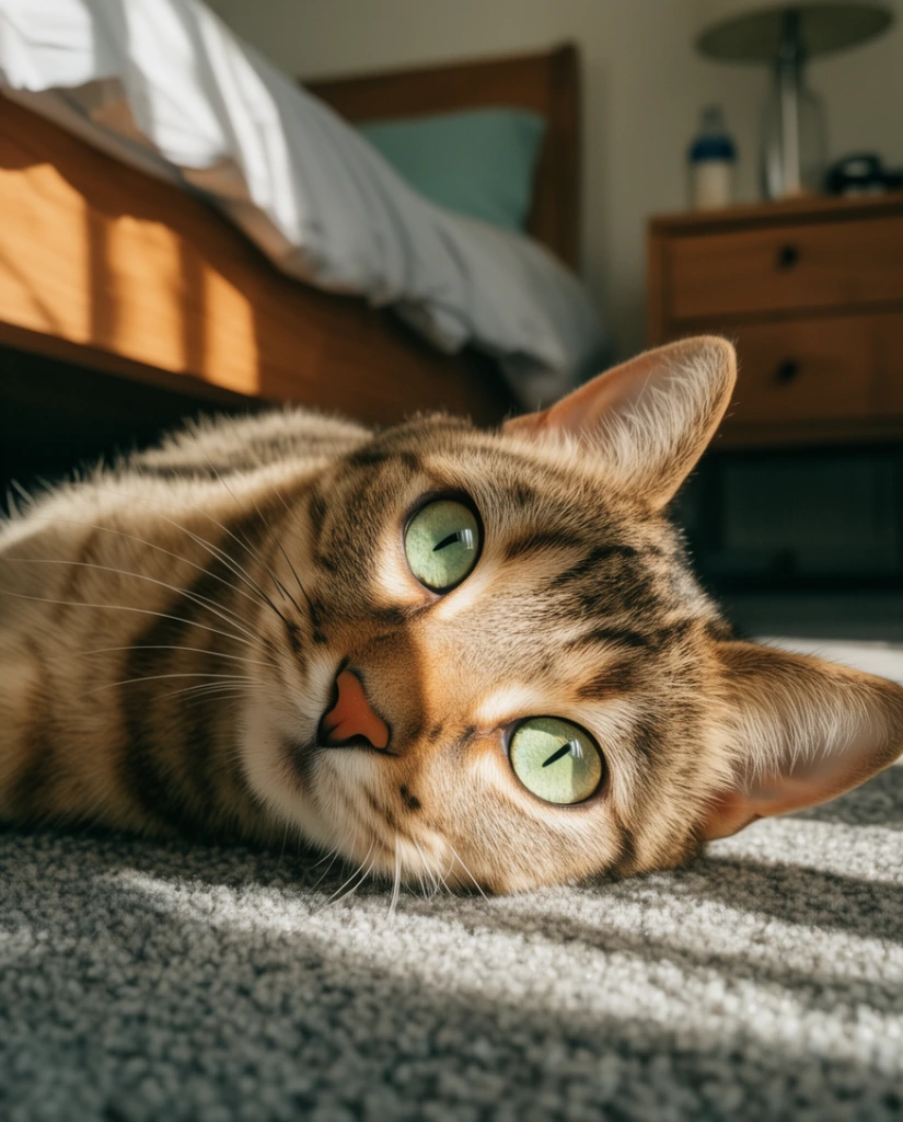 A close-up, low-angle portrait of a tabby cat lying sideways on a textured gray carpet. The cat has light brown fur with dark stripes, a pink nose, and large bright green eyes. Sharp shafts of warm sunlight cast geometric shadows across its face, contrasting with the softly blurred bedroom background featuring a bed frame and nightstand.