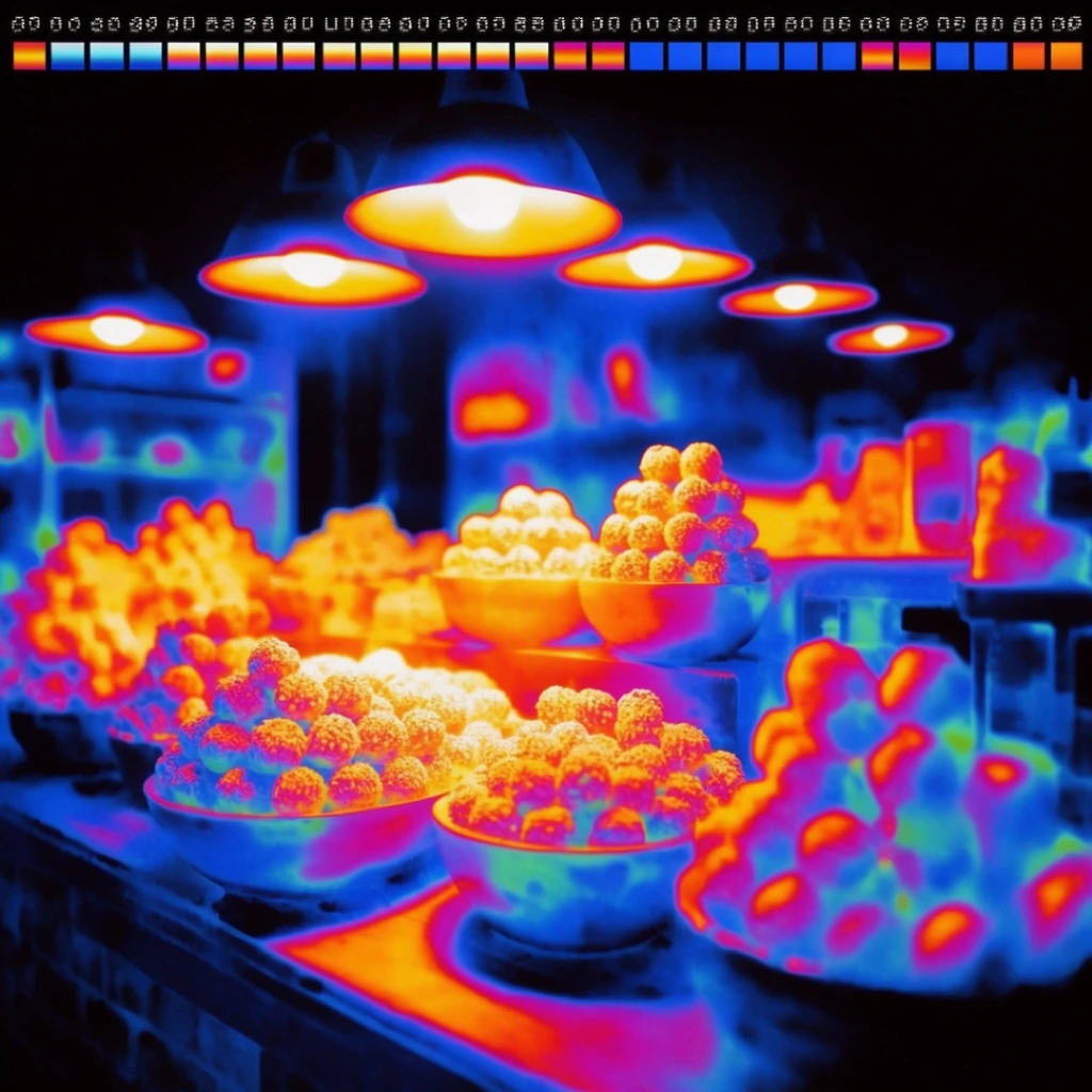 Rendered in high-contrast false-color thermal imaging, multiple displays of small, round, textured treats are arranged in bowls and stacks inside a shop setting beneath overhead lights. The visual aesthetic mimics a thermographic sensor recording, where the scene emerges from a pitch-black background through intensely saturated heat-map gradients. The overhead lights and the clusters of textured treats radiate intense thermal signatures, glowing in brilliant white, electric yellow, neon orange, and vivid red. These hot zones transition abruptly into cooler areas rendered in deep magenta, vibrant cyan, and cobalt blue, defining the geometric shapes of the display bowls, counters, and the surrounding shop architecture. The composition exhibits characteristic thermal camera artifacts, including a coarse digital grain, slightly soft optical focus, and stark, flat heat-mapped surfaces replacing traditional illumination and shadows. Arrayed horizontally across the extreme top edge is a digital thermal scale interface, featuring a row of small, discrete colored square swatches aligned beneath a sequence of fine, pixelated numeric values.