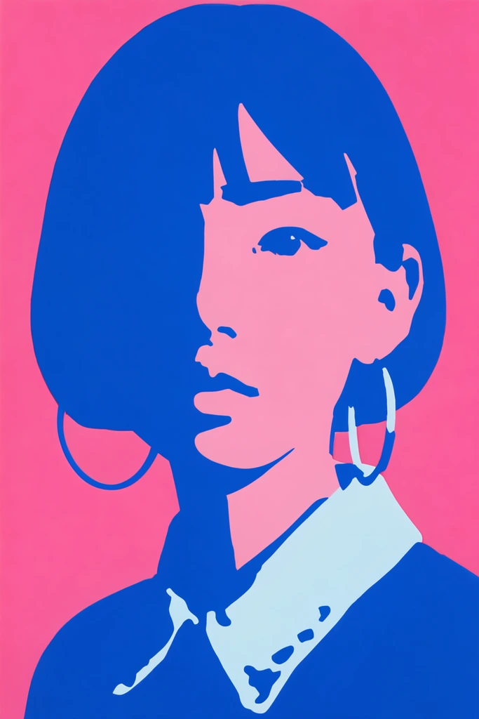 A pop-art silkscreen portrait of a young woman with a sleek bob and large hoop earrings, rendered in high-contrast flat colors. Vibrant pink fills the solid background and skin mid-tones, while deep vivid blue forms heavy graphic shadows, solid hair shapes, and clothing silhouettes. A dramatic, unblended block of blue completely obscures the left half of her face, contrasting with pale icy blue highlights on her stylized collar. The bold, stencil-like aesthetic relies entirely on stark, simplified geometric shapes.
