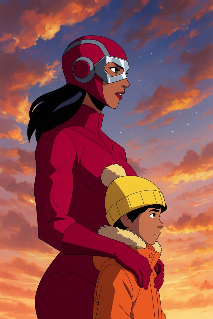 An athletic female pilot in a crimson aviator suit and metallic half-mask holds a young boy wearing an orange winter coat and yellow beanie. The two figures are depicted in profile, looking out toward the right. The pilot's arm is wrapped securely around the boy's shoulders. They are set against a dramatic sky filled with scattered, glowing sunset clouds and faint stars. The scene is rendered in a vibrant 2D animated cel style with flat shading, strong outlines, and a sweeping cinematic composition.