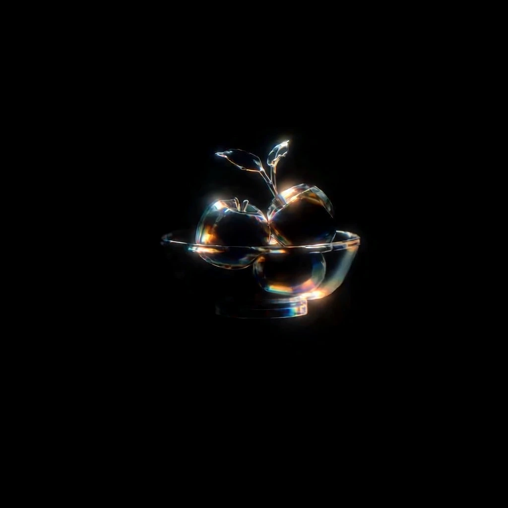 shallow translucent glass bowl holding spherical fruits and filigreed leafy stems, four additional pieces of produce resting in the immediate foreground, all set against a pitch-black obsidian void, high-contrast hyper-focused chiaroscuro, spectral chromatic dispersion through crystalline surfaces, prismatic light leakage, iridescent amber and sapphire internal glow, ray-traced caustic refractions, sharp-edged chromatic aberration, soft ethereal bloom, minimalist luxury aesthetic.