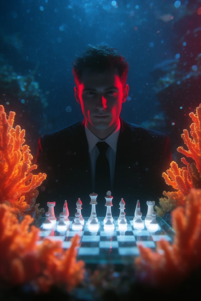 A surreal underwater portrait of a man in a dark suit sitting behind a glowing chessboard with illuminated white pieces. He is symmetrically framed by vibrant bioluminescent orange coral formations in the foreground. Deep blue water surrounds the scene, filled with floating particles and soft bokeh. Cinematic lighting contrasts cool aquatic blues with intense neon red rim lighting, utilizing a shallow depth of field for a hyper-realistic, dreamlike composition.