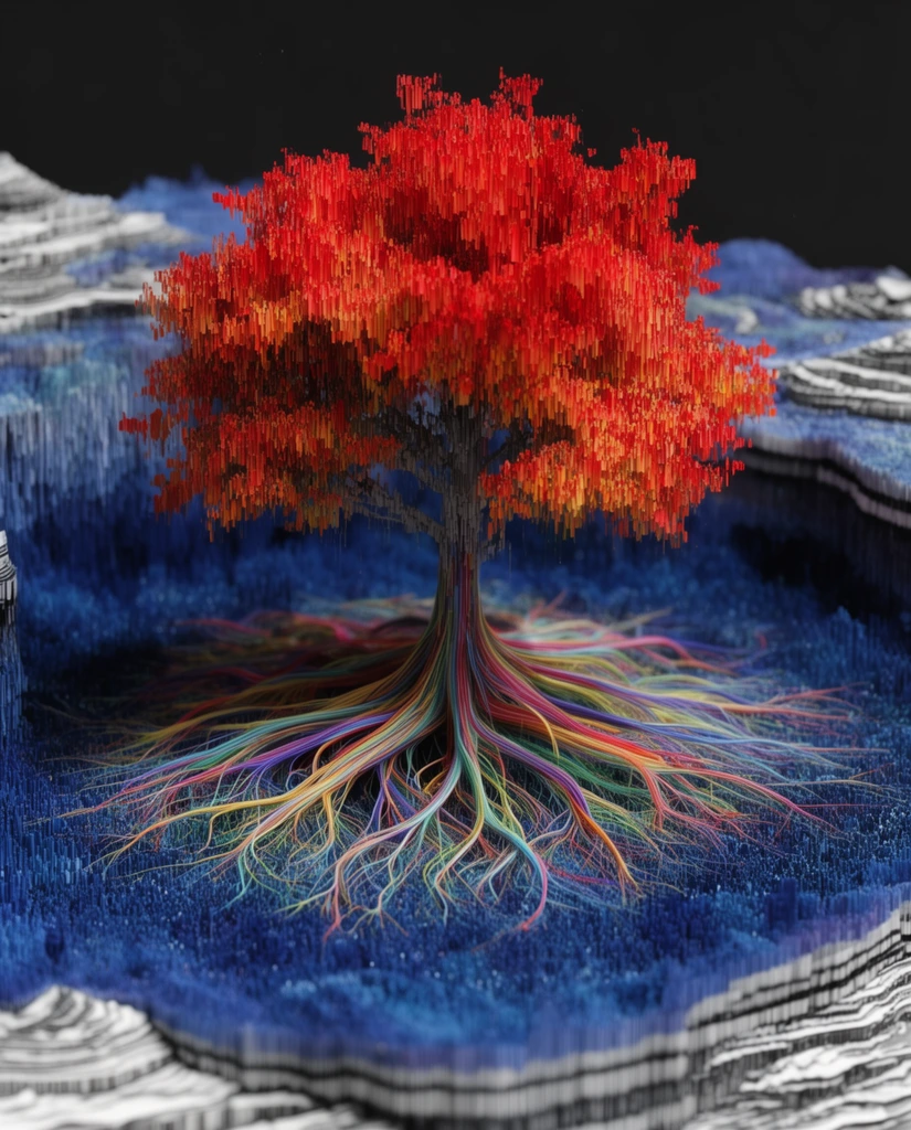 3D generative art of a surreal tree, vibrant red and orange foliage formed by countless vertical pixelated strands, sprawling multicolored root system resembling fiber optic cables, roots spreading across deep blue terrain, entire landscape constructed of densely packed vertical extrusions, white and grey topographical cliff edges revealing striped cross-sections, dark background, data visualization aesthetic, shallow depth of field, macro perspective, high contrast