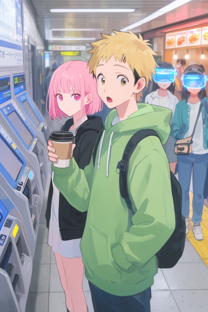 anime style, young blonde man in green hoodie holding coffee cup with surprised expression, young woman with short pink hair in black jacket standing behind him, background characters wearing glowing blue holographic visors, indoor subway station platform, ticket machines, illuminated food kiosk, shallow depth of field, cinematic lighting, pastel color palette