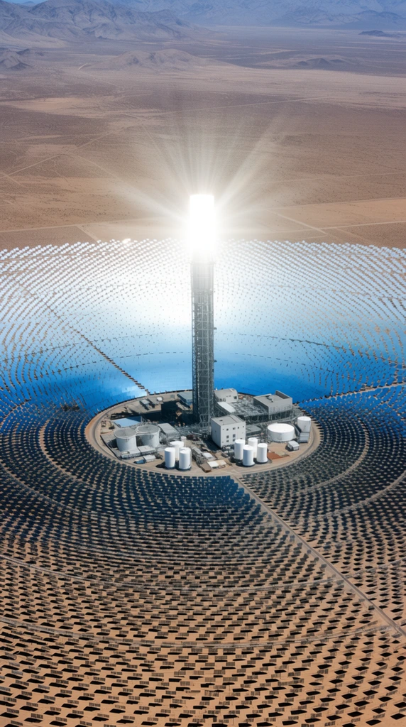 massive concentrated solar power plant, high-angle aerial perspective, central tower radiating intense blinding white light, thousands of blue rectangular mirrors arranged in vast concentric circles, industrial base with white cylindrical tanks, flat barren desert landscape, hazy distant mountains, bright daylight, photorealistic, massive scale