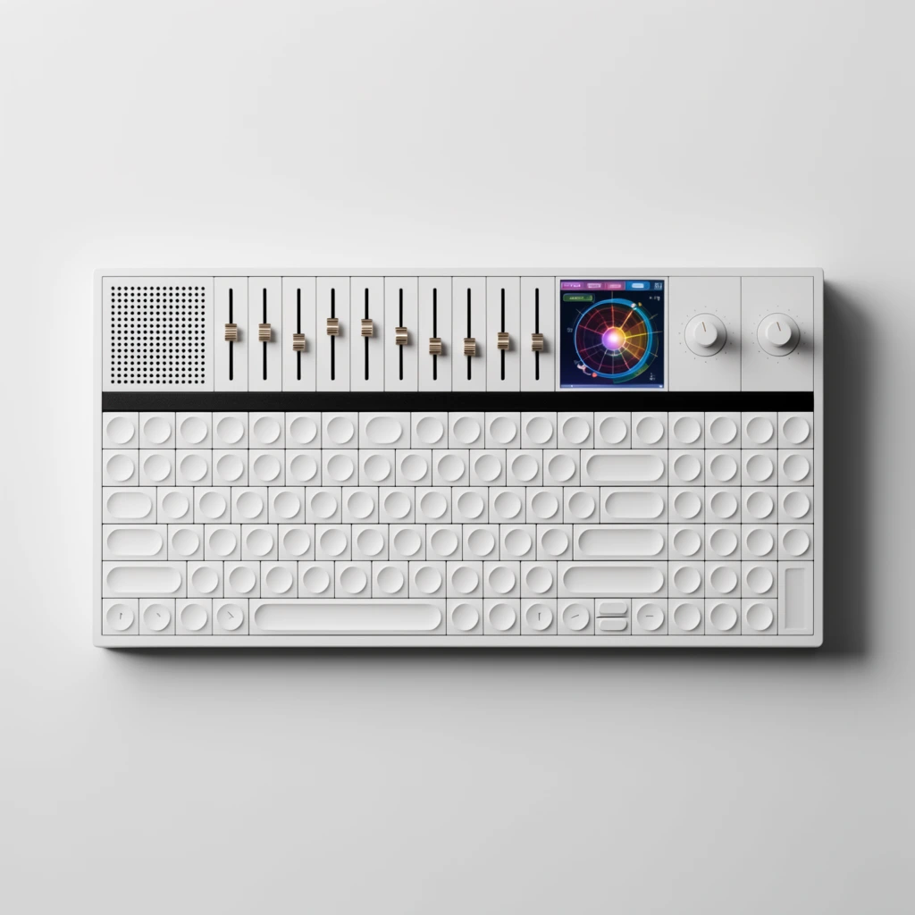 minimalist white keyboard and audio synthesizer hybrid, top-down view, matte rectangular chassis, circular recessed keys, horizontal mixing sliders with metallic accents, vibrant digital screen showing a graphic diagram, perforated speaker grid, dual rotary dials, contrasting black horizontal bar, stark light grey background, soft drop shadow, high-key product photography, clean geometric industrial design