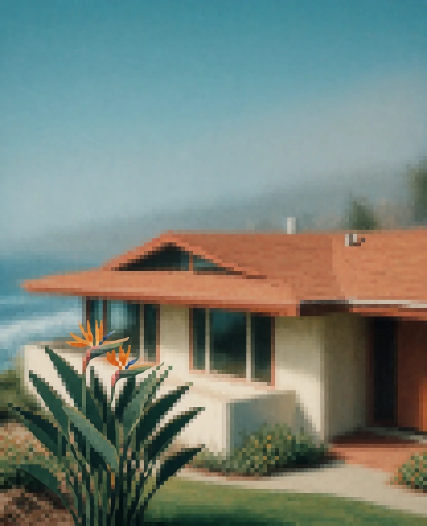 a mid-century single-story house with clean lines, a vibrant bird of paradise plant in the foreground, rendered in a heavy pixelated mosaic style with large visible square blocks, soft diffused coastal lighting, a muted color palette of terracotta, sage green, and hazy cerulean, minimalist composition, impressionistic digital aesthetic, low-resolution texture, serene and atmospheric mood, soft focus background reminiscent of the ocean.