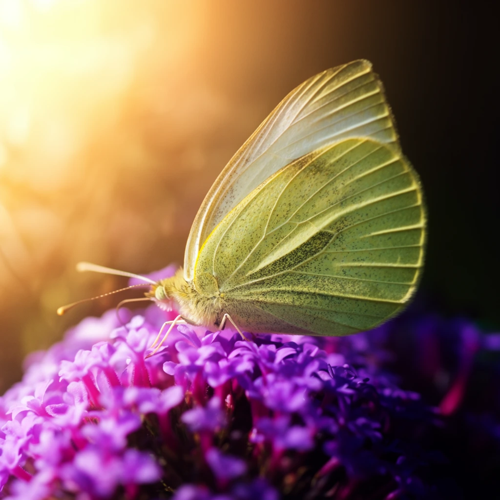 A pale greenish-yellow butterfly with folded wings rests atop a dense cluster of tiny, vivid purple blossoms. The macro photograph captures the insect in profile, highlighting its delicate wing veining, subtle dark speckling, and slender antennae. Intense, warm golden sunlight floods the upper left corner, casting a luminous, hazy glow over the composition. An extremely shallow depth of field melts the dark, shadowed background into a smooth blur, sharply isolating the butterfly's textured wing and the immediate vibrant flowers to emphasize the dramatic contrast between radiant warm light and rich violet hues.