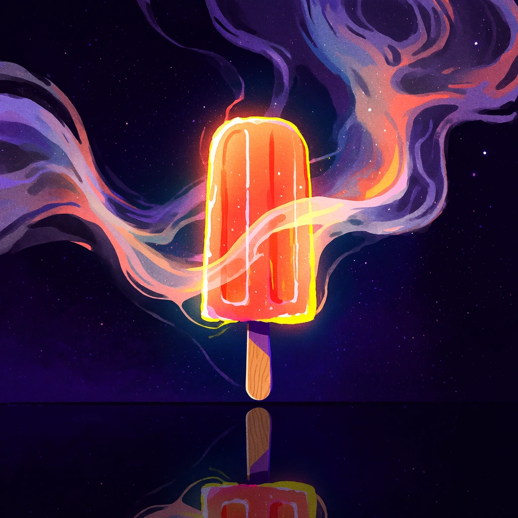 single popsicle on a wooden stick centered vertically, set against a starlit midnight indigo void, internal bioluminescent orange glow, sharp neon yellow rim lighting, fluid ethereal vapor trails mimicking flowing cosmic silk and swirling nebula, a perfect mirror reflection on a dark obsidian surface below, stylized digital painting with coarse stippled grain, gestural brushstrokes, vibrant saturated oranges clashing with deep purples, mystical transcendent atmosphere