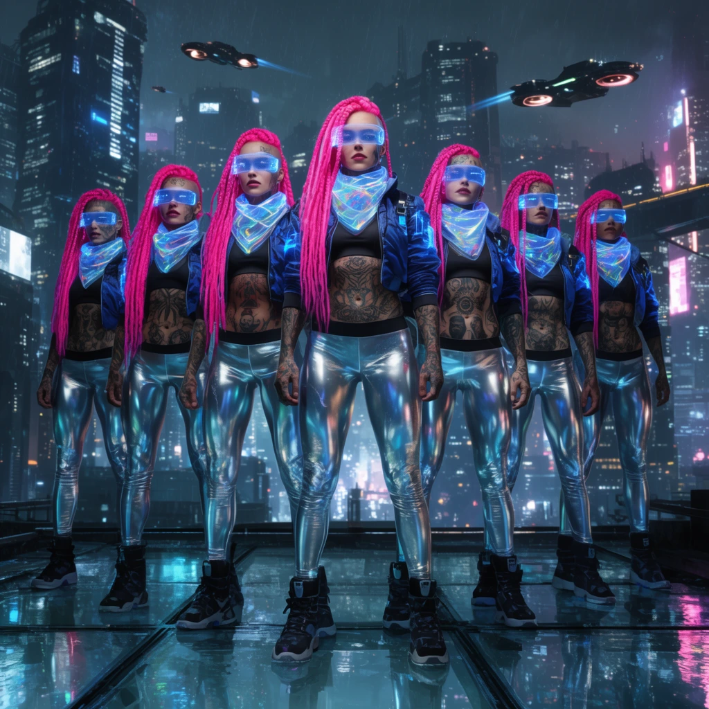 seven heavily tattooed muscular women standing in a row, long neon pink braided hair, glowing blue tech-wear jackets, metallic silver leggings, glowing visors, holographic scarves, defiant posture, standing on a neon-lit glass rooftop, dense cyberpunk cityscape at night in the background, flying vehicles, towering skyscrapers, rain-slicked surfaces, cinematic lighting, low angle perspective, high contrast
