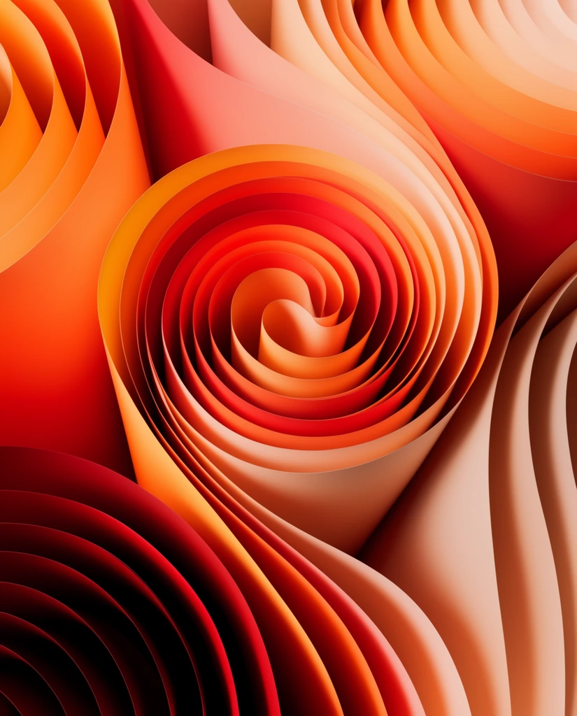 Abstract 3D composition of undulating ribbon strips, tight central spiral, warm gradients of deep red, vibrant orange, and soft peach, smooth matte paper texture, soft directional lighting, deep shadows, volumetric depth