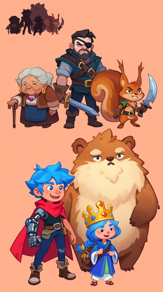 Stylized 2D fantasy character concept art on a peach background featuring a diverse party. A blue-haired youth with a mechanical arm and red cape stands near a tiny crowned figure and a massive fluffy bear-like creature. Behind them stand an elderly woman with a cane, a scowling swordsman with an eye patch, and an anthropomorphic squirrel wielding a curved blade. The top left corner shows small dark silhouettes of the entire group. The vibrant illustration uses clean line work, soft shading, flat colors, and a whimsical cartoon aesthetic.