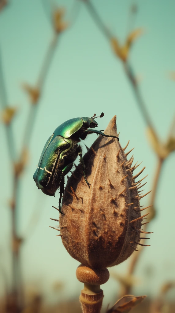 A metallic green beetle clings to a spiky teardrop-shaped seed pod. The macro shot features a shallow depth of field against a pale cyan sky. Blurred background stems and vintage color grading contrast the glossy insect with the matte brown plant.
