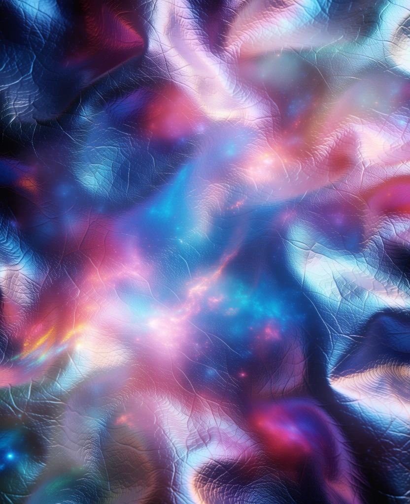 interstellar nebula of gas and dust with a luminous central core, rendered in a shimmering holographic iridescence of neon pinks, purples, and teals, defined by a distinct crumpled leather texture with micro-wrinkles and a synthetic metallic sheen, ethereal vaporwave aesthetic, fluid prismatic gradients, macro-scale cosmic clouds with intricate surface folds and light refractions, abstract organic composition reflecting a multi-chrome foil finish, ethereal depth and prismatic glow