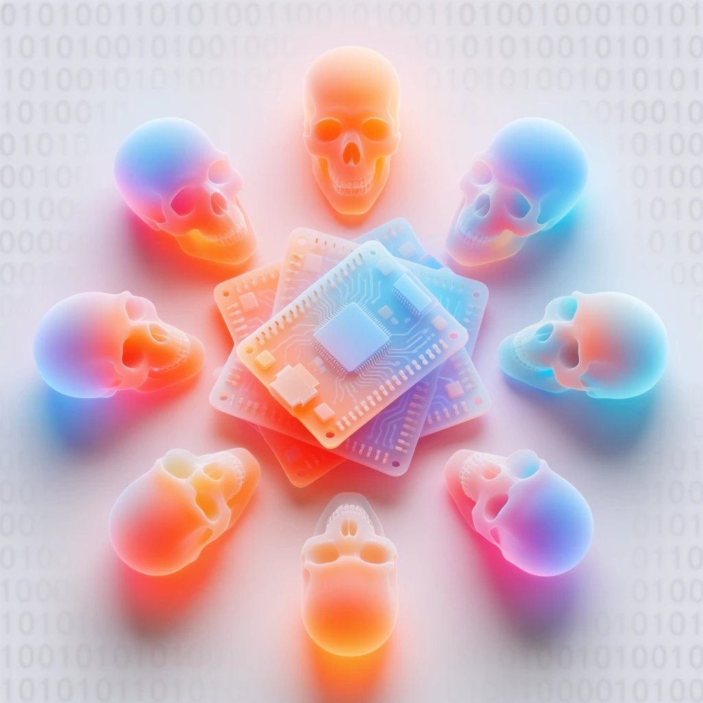 A central microcontroller board rests atop multiple overlapping copies arranged in a radial burst pattern, completely encircled by eight inward-facing human skulls against a backdrop of repeating binary code rows. The entire composition is rendered in a minimalist 3D aesthetic utilizing translucent, frosted silicone materials with intense subsurface scattering. The forms emit a vibrant inner luminescence, featuring smooth, continuous color gradients that shift seamlessly from neon orange and coral peach to powder blue and cyan. All elements, including the circuit traces, pins, and bone structures, possess heavily softened, rounded contours and a velvety matte surface texture. The pale, off-white background integrates the binary text as soft, low-contrast typographic rows that blend into the minimalist environment. Diffused volumetric lighting illuminates the scene from within the objects, causing the glowing subjects to cast soft, vividly colored shadow pools and ambient bounce light across the pristine ground plane.