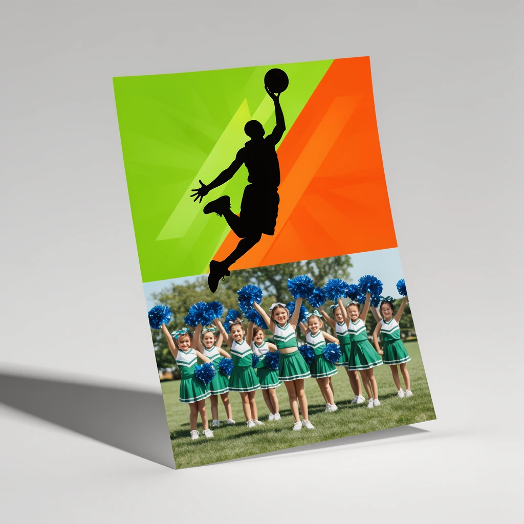 angled rectangular promotional flyer standing on a light grey studio background, sharp drop shadow to the left, top half features a dynamic black basketball player silhouette on a split lime green and bright orange graphic design, bottom half displays a sunny photograph of a youth cheerleading squad in green and white uniforms holding blue pom-poms on a grassy field, clean 3D mockup presentation, minimalist staging, bright studio lighting, sharp focus