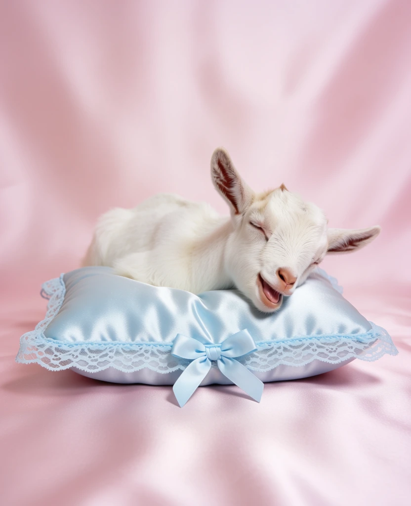 sleeping white baby goat on satin pillow, soft photography, dreamy pastel kawaii vibe