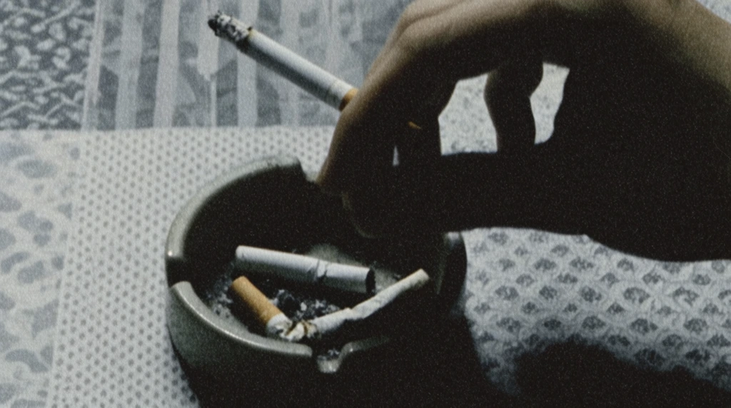 A hand holding a lit cigarette extends over an ashtray containing two crushed cigarettes, set against a background composed of varied patterns. The scene is captured with a raw, vintage analog photography aesthetic, heavily textured with prominent film grain and visual noise. Extreme lighting contrast renders the hand, cigarette, and ashtray in deep, underexposed, heavily crushed shadows, giving them a dark, dense, nearly silhouetted appearance. The overall color palette is severely desaturated and muted, dominated by charcoal grays, faded ash, and cool, stark tones. The varied background patterns are bathed in a harsh, cool-toned light that starkly separates them from the dark foreground elements. A slightly soft focus and gritty photographic finish create a moody, lo-fi, and highly atmospheric editorial visual style.
