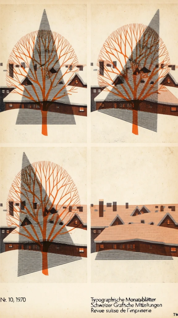 mid-century modern graphic design of a leafless tree in a snow-covered town, rendered as overlapping fine-line moire patterns, four-panel grid composition showing rotation phases, technical scientific illustration style, burnt orange and soot black ink on aged cream paper, screen-printed offset texture, intricate interference patterns forming the silhouettes of bare branches and snow-laden buildings, swiss modernist aesthetic, minimalist typography below, geometric abstraction