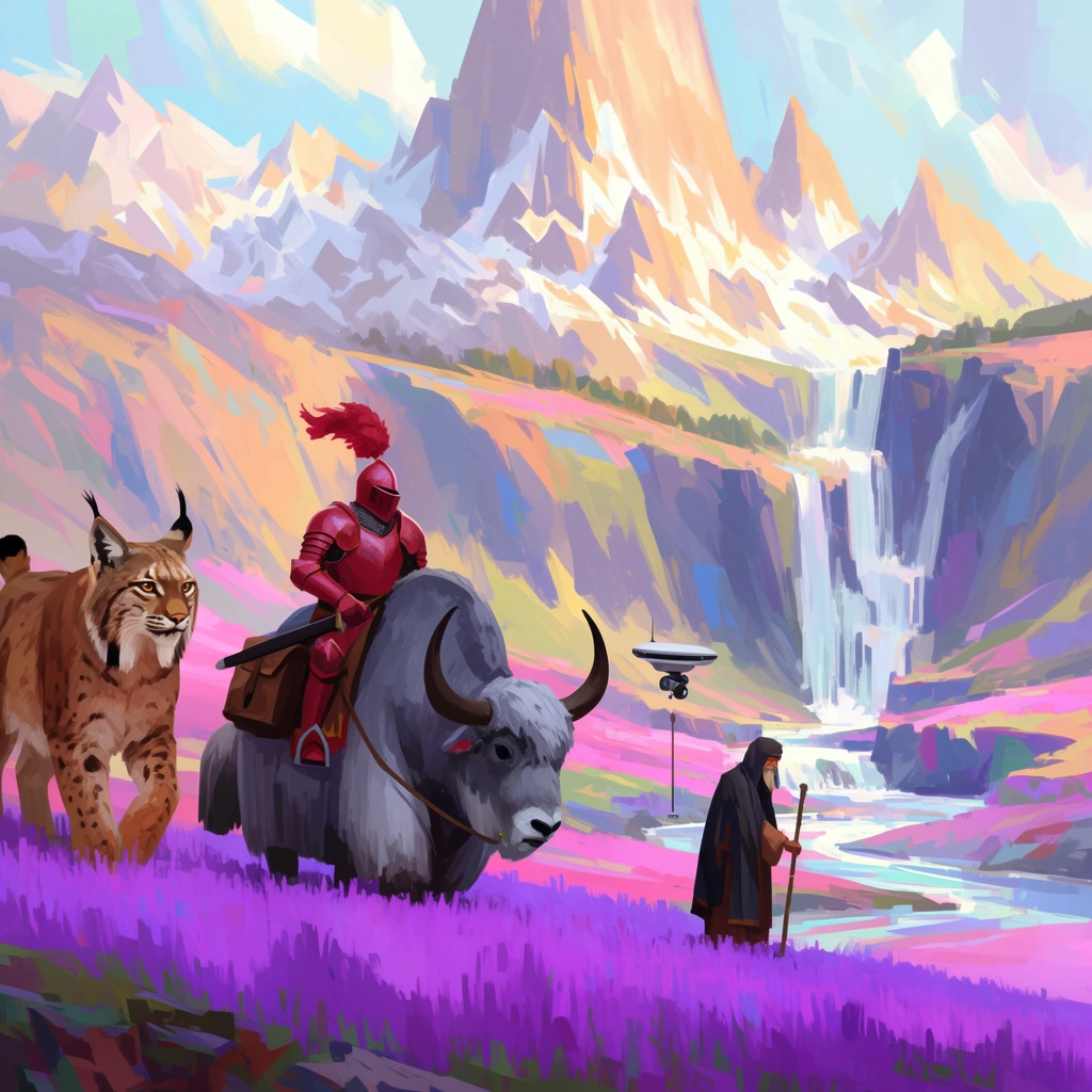 A knight in crimson armor rides a giant grey yak across a vibrant landscape. A large lynx trots beside them. Nearby, a cloaked merchant leans on a staff near a hovering drone. The environment features rolling hills of bright violet grass leading to towering, jagged, snow-capped mountains. A multi-tiered waterfall cascades down steep cliffs into a winding river. Rendered as a digital painting with expressive, blocky brushstrokes, a pastel palette, and strong sunlight in an impressionist style.