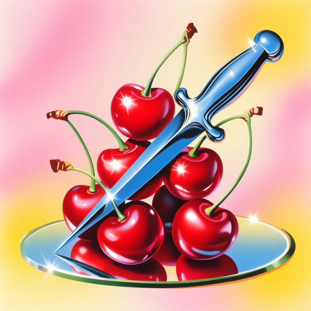 A gleaming metallic blue dagger diagonally pierces a stack of glossy red cherries with curving green stems, hovering above a reflective oval mirror. Set against a soft airbrushed background of pastel pink and yellow gradients, the retro pop-surrealist illustration features bright starburst highlights and smooth chrome shading.