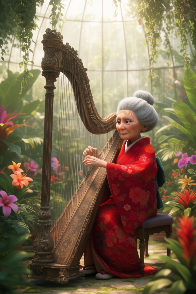 A 3D animated cinematic shot of an elderly woman with a silver bun wearing a vibrant crimson kimono playing an ornate antique harp. She sits focused in a lush, sunlit greenhouse filled with blooming tropical plants and hanging vines. Warm diffused lighting creates a soft atmosphere with a shallow depth of field.