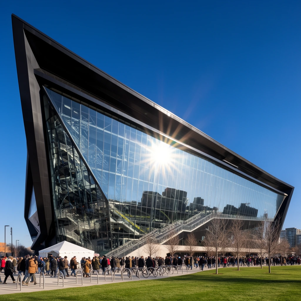 A colossal, futuristic stadium features a striking angular design with sharp black metal overhangs and a sprawling, slanted glass facade. The immense transparent wall reflects a bright sunburst, a deep azure sky, and the silhouettes of nearby buildings, while revealing complex internal staircases and structural steel. At the base of the towering structure, a bustling crowd of pedestrians in varied winter coats walks along a wide concrete plaza bordered by a bright green lawn and curving metallic bike racks. A white event tent sits near the entrance, and bare winter trees dot the concourse beneath the imposing architectural lines of the modern arena.