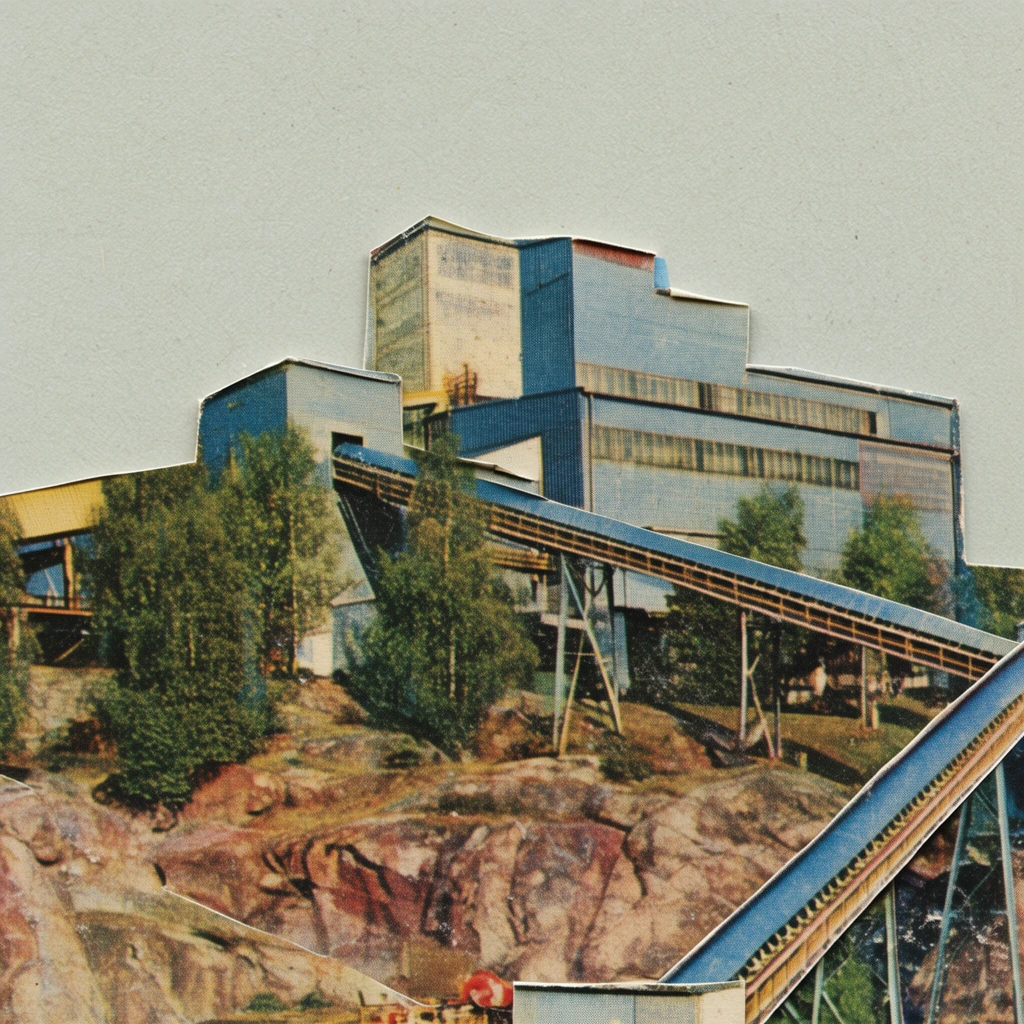 A surreal vintage analog paper collage depicting an industrial building complex situated on rocky terrain, interspersed with trees and a long conveyor system. The industrial landscape appears as a meticulously sliced magazine clipping contained within a crisp paper cutout silhouette, creating a layered window effect set against a flat, textured pale gray paper background. The architectural elements, rocky ground, foliage, and conveyor exhibit distinct visual artifacts of mid-century print media, including visible halftone dot patterns, lithographic ink textures, and a faded, retro color palette reminiscent of aged film stock. Sharp, razor-cut edges define the boundaries of the layered paper elements, emphasizing the tactile, two-dimensional nature of the analog medium. Flat, uniform lighting highlights the matte finish, subtle surface wear, and fibrous grain of the physical paper materials.