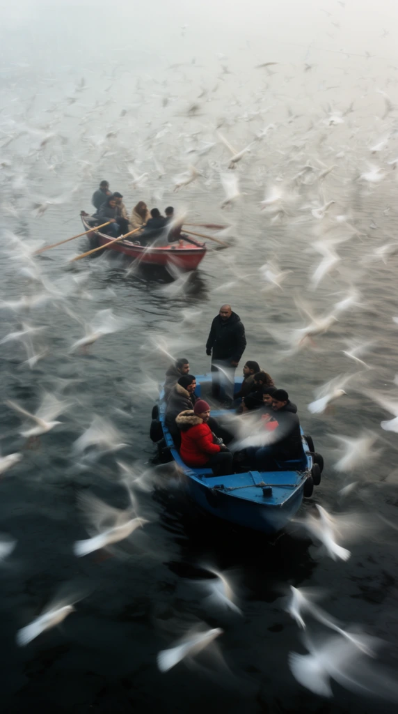 two small boats on dark rippling water amidst a massive chaotic swarm of flying birds, heavy long-exposure motion blur transforming the birds into streaking white ghostly trails, foreground blue boat carrying several passengers in winter coats, one standing figure, background reddish boat with rowers, thick foggy atmospheric haze, high angle shot, stark contrast between sharp human figures and frantic avian movement, muted palette of cool grays and deep blues punctuated by small pops of red clothing, ethereal and kinetic energy