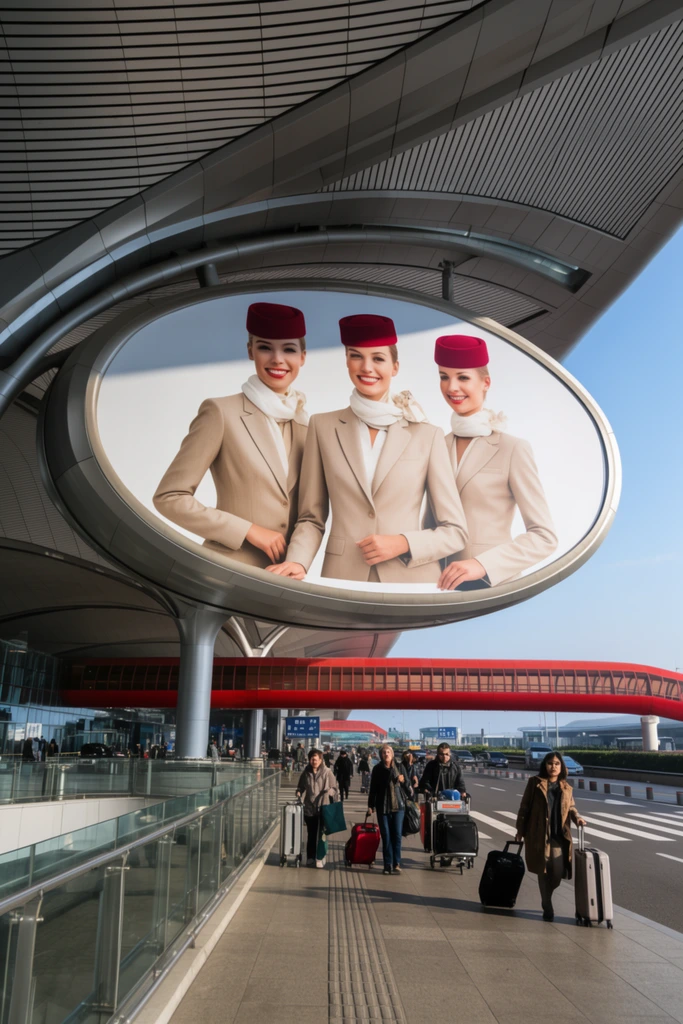 A massive oval billboard hangs beneath the sweeping metallic arches of a modern airport drop-off zone. The suspended display features three smiling women wearing beige tailored suits, crimson pillbox hats, and white scarves. Below the advertisement, travelers roll suitcases and push luggage trolleys along a paved sidewalk and crosswalk. The futuristic architecture incorporates curved grey ceilings with ribbed metal paneling supported by thick columns. A bright red enclosed pedestrian bridge spans the background roadway under clear blue skies. Natural sunlight illuminates the bustling exterior, casting sharp shadows across the glass railings in this crisp wide-angle daytime architectural photograph.