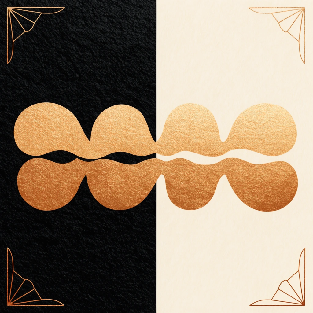 A high-contrast graphic composition split vertically into a deeply textured black left panel and a warm cream right expanse. A sequence of large, undulating golden-bronze abstract shapes horizontally spans the central divide. Delicate bronze geometric accents anchor the corners and lower edges, all unified by a heavy, stippled paper grain overlay.