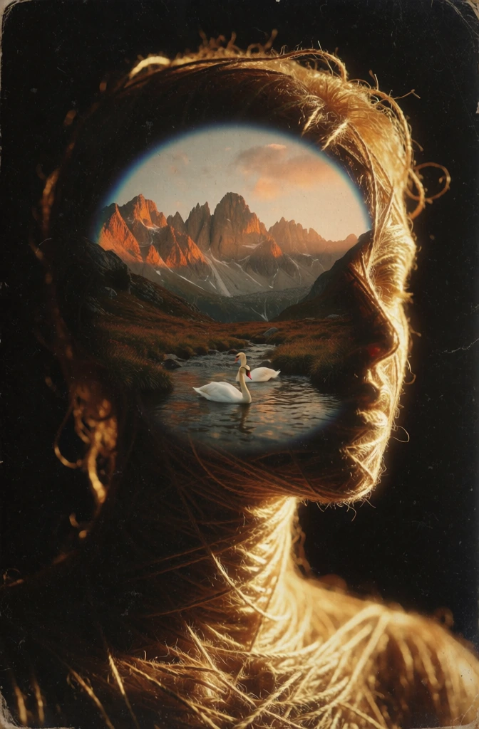 surrealist profile silhouette of a human head constructed from glowing golden twine and organic fibers, set against deep void black, containing a circular dreamlike vignette of a rugged mountain range under warm sunset light, a gentle stream in the foreground with elegant white swans swimming, high-contrast chiaroscuro lighting, sharp amber rim light on the facial profile, vintage analog film grain, moody atmosphere, rich textures, ethereal double exposure composition.